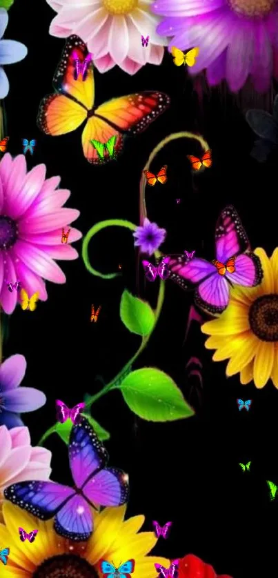 Vibrant floral and butterfly design on black background.