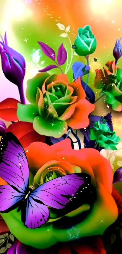 Vibrant green rose with butterfly art wallpaper.