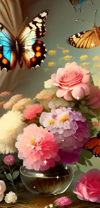 A vibrant illustration of flowers and butterflies.