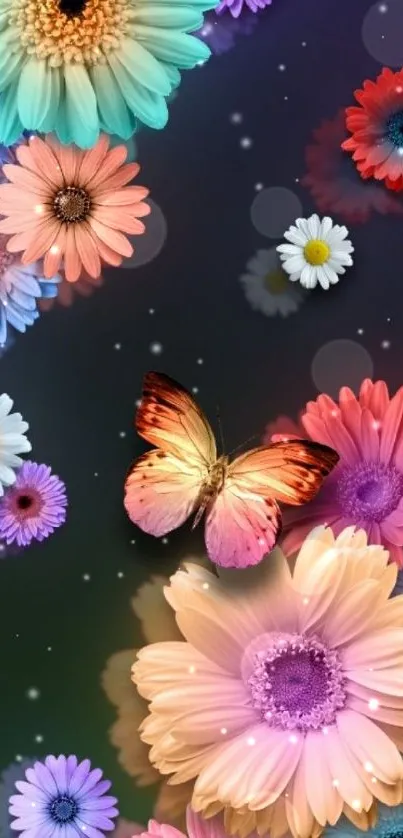 Vibrant floral and butterfly mobile wallpaper with a purple background.