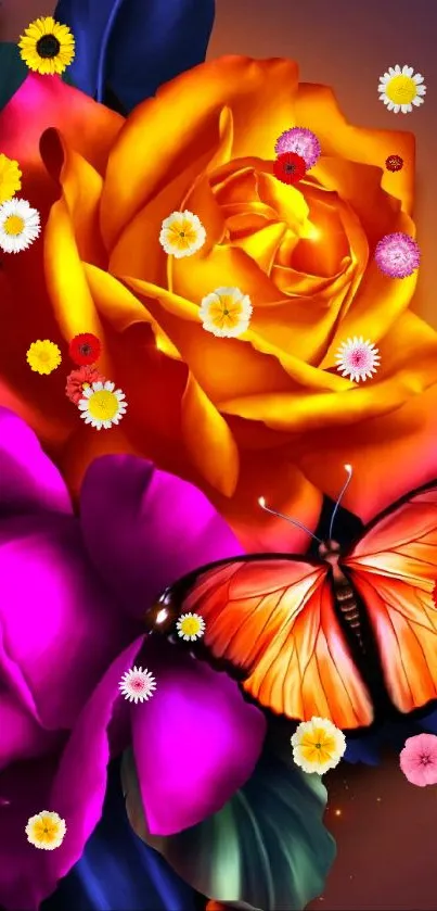 Colorful butterfly resting on vibrant roses and peonies in an artistic design.