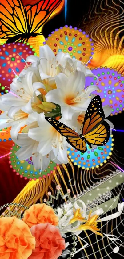 Vibrant floral and butterfly art with colorful designs for mobile wallpaper.