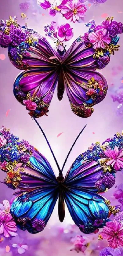 Vibrant butterfly and floral design on a purple background.