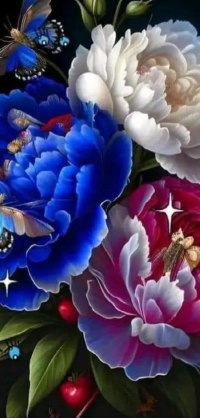 Blue, red, and white floral wallpaper with butterflies and stars.