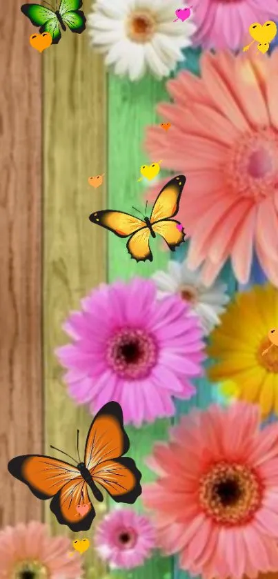 Colorful floral wallpaper with butterflies.