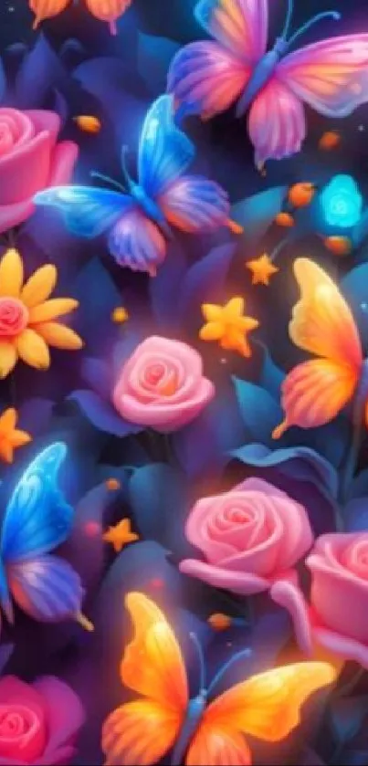 Vibrant floral and butterfly wallpaper with roses and colorful designs.