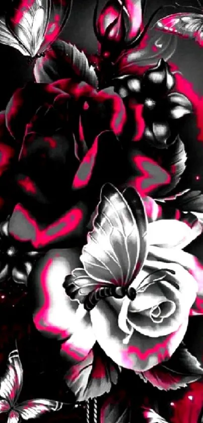 Vibrant floral butterfly wallpaper with magenta accents.