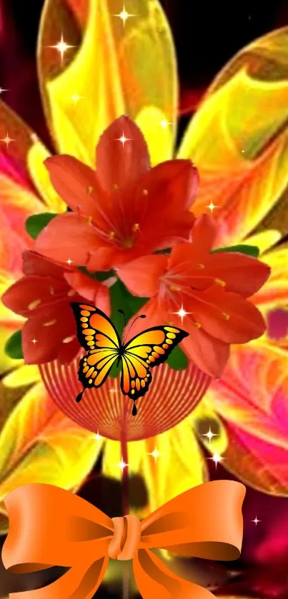 Vibrant floral art with butterfly on a colorful mobile wallpaper.