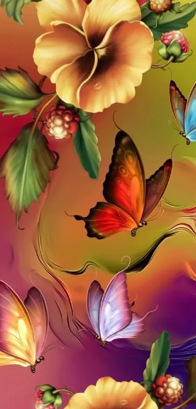 Colorful mobile wallpaper with butterflies and flowers in vibrant hues.