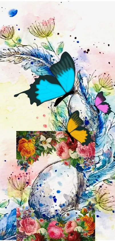 Colorful floral and butterfly art wallpaper for mobile with watercolor design.