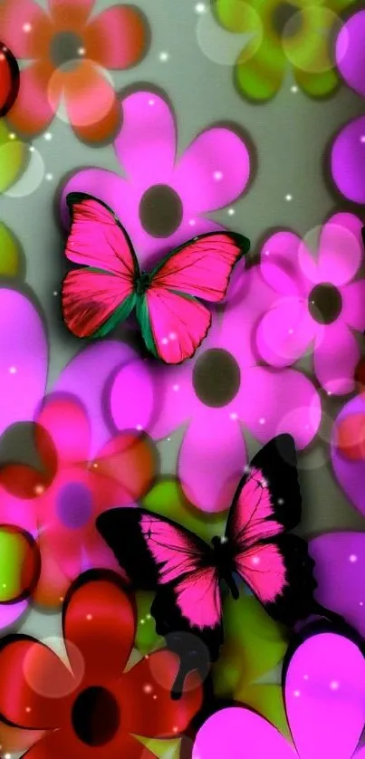 Colorful butterflies and flowers in a vibrant mobile wallpaper design.