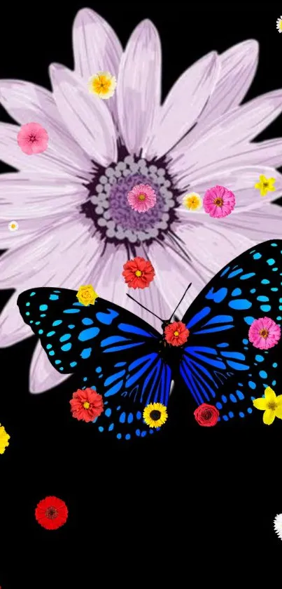 Vibrant blue butterfly and flowers on black background.