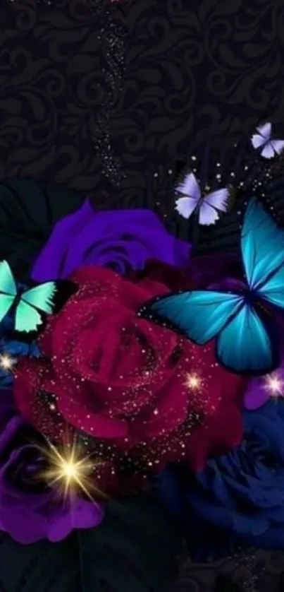 Vibrant floral and butterfly mobile wallpaper with a dark elegant design.