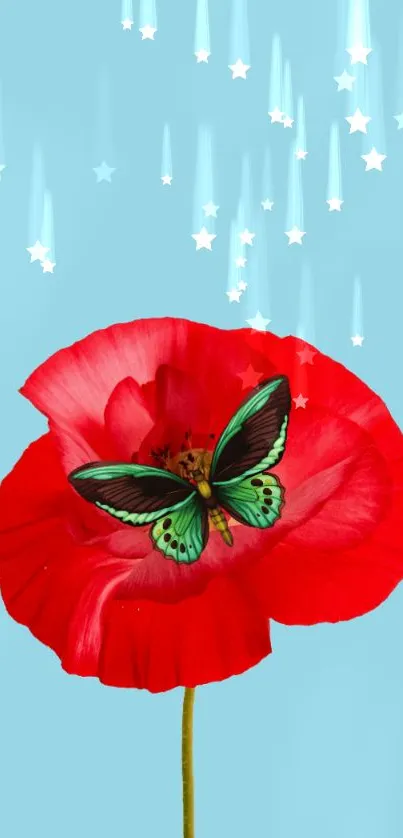 Vibrant red flower with butterfly on blue starry background.