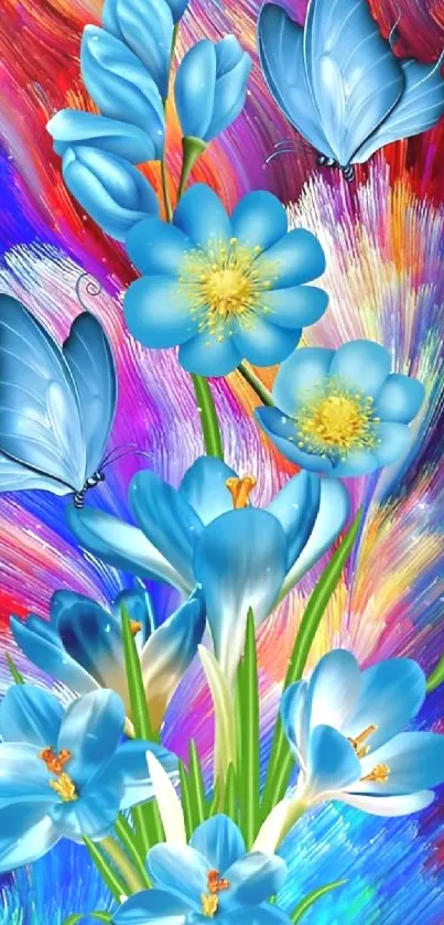 Vibrant blue flowers with butterflies on a colorful abstract background.