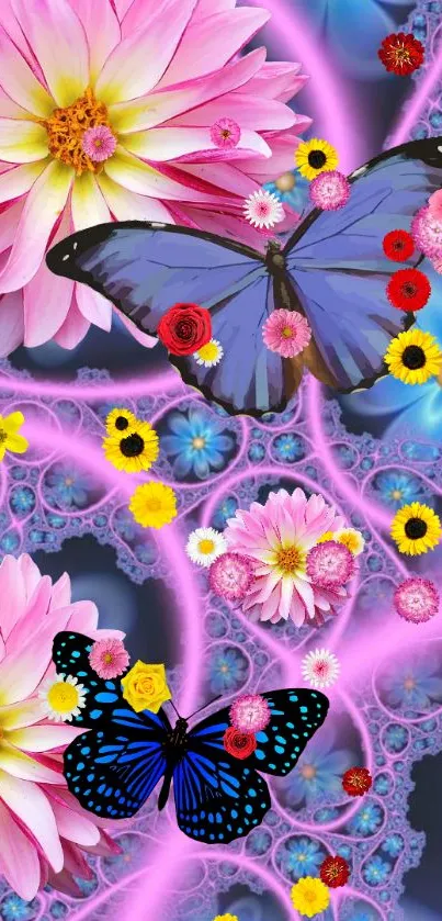 Vibrant wallpaper with colorful butterflies and flowers.