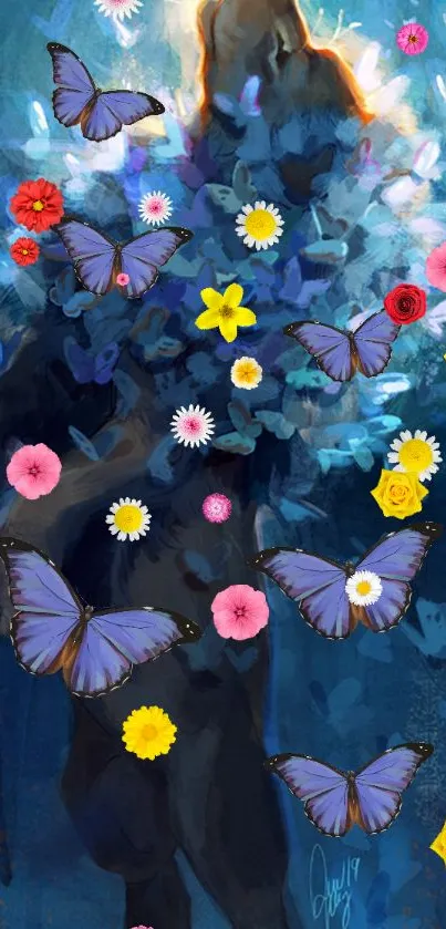 Vibrant artistic wallpaper with butterflies and colorful flowers on dark blue background.