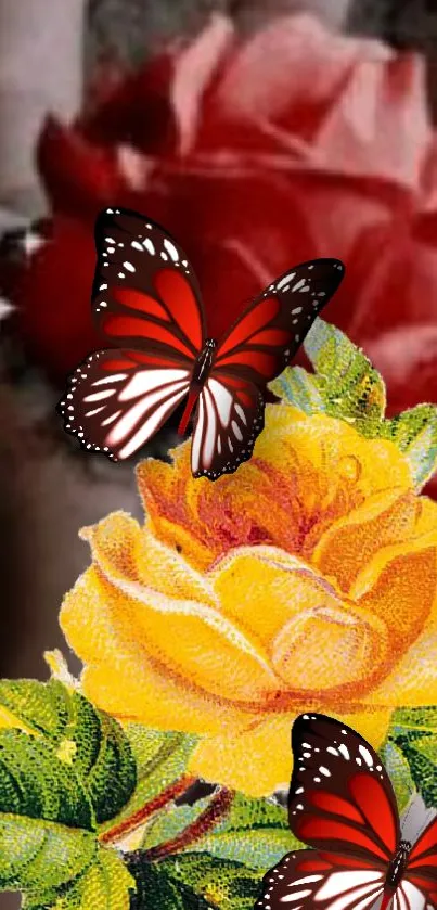 Vibrant floral wallpaper with red and yellow roses and butterflies.