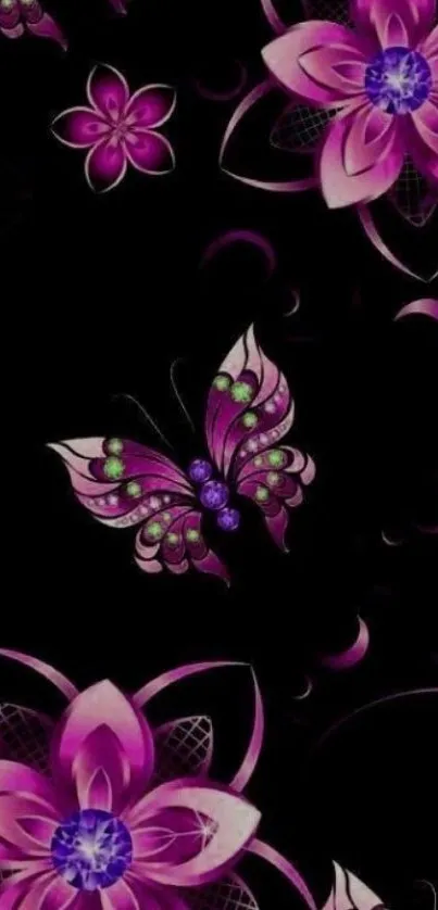 Purple butterflies and flowers on black background wallpaper.