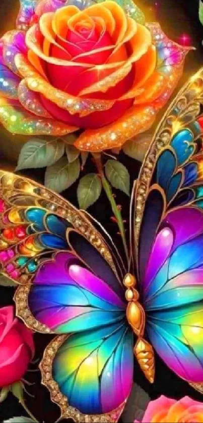 Vibrant butterfly with colorful roses in a dazzling mobile wallpaper.