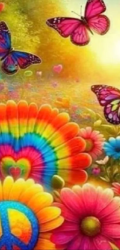 Vibrant wallpaper with butterflies, rainbow flowers, and peace symbol.