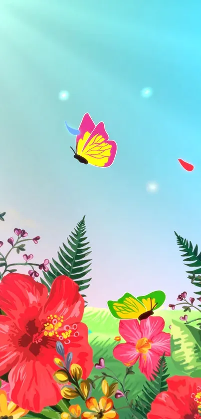 Vibrant wallpaper with butterflies and flowers under a blue sky.