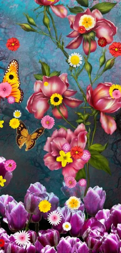 Colorful floral and butterfly mobile wallpaper.