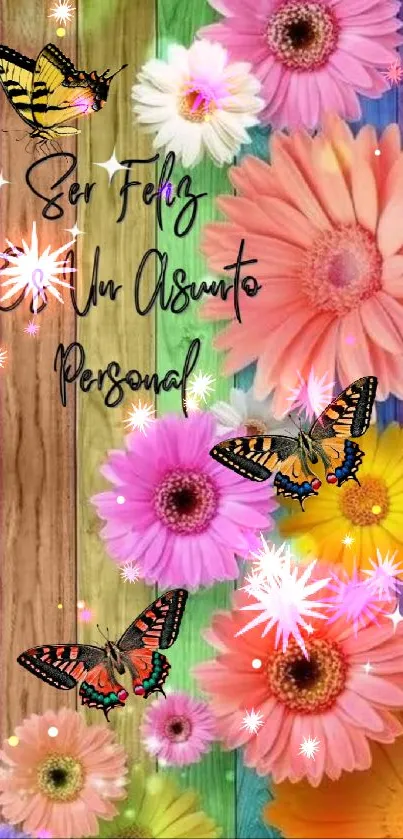 Colorful floral wallpaper with butterflies and wooden texture background.