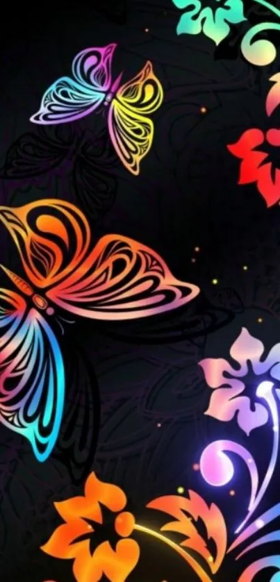 Colorful butterflies and flowers on dark background wallpaper.