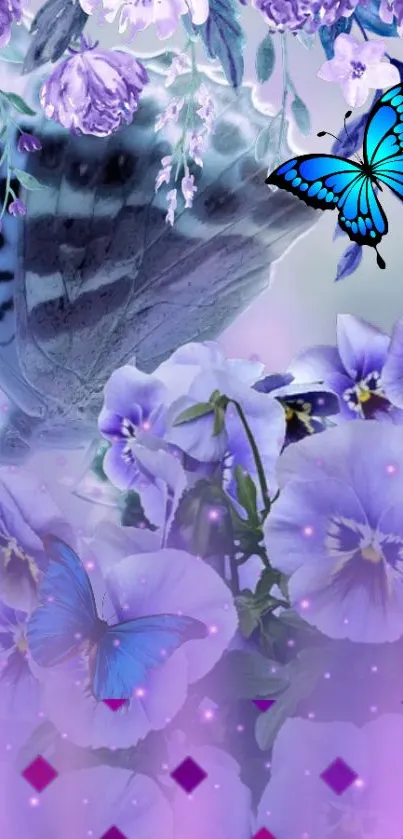 Purple floral wallpaper with butterflies and glowing accents.