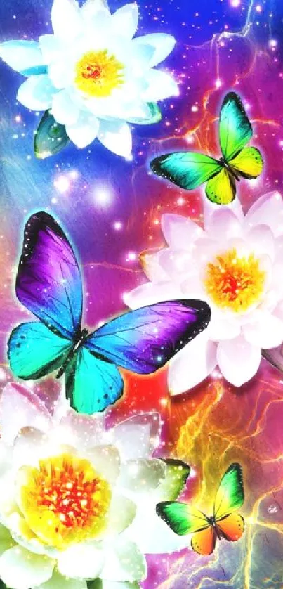 Colorful butterfly and lotus flower wallpaper for mobile phone.