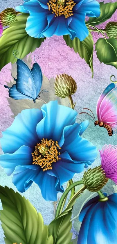 Vibrant floral wallpaper with blue flowers and butterflies.