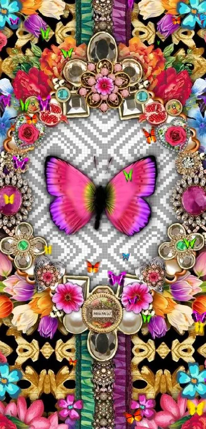 Vibrant wallpaper with colorful butterfly and flowers.