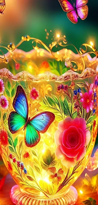 Vibrant teacup with butterflies and glowing floral design.