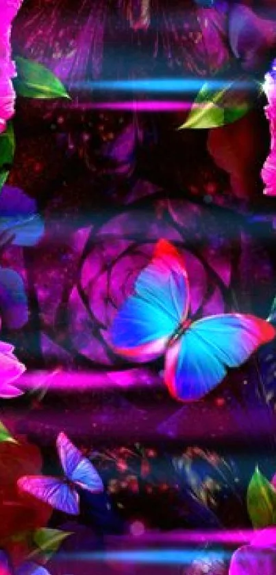 Vibrant wallpaper featuring butterflies and colorful flowers against a purple background.