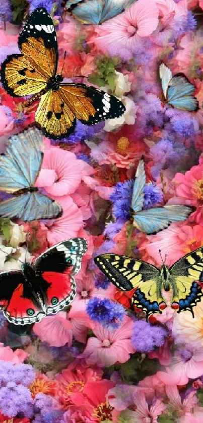 Colorful floral phone wallpaper with butterflies.