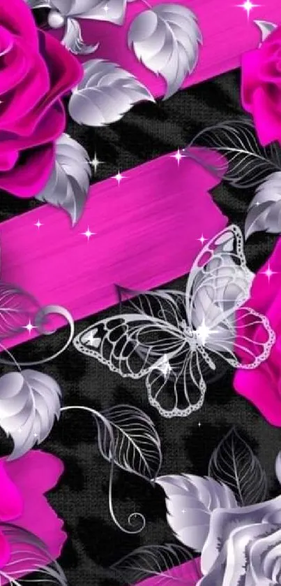 Vibrant pink and silver floral wallpaper with butterflies.