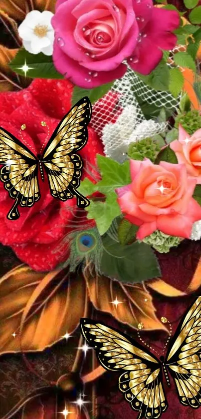 Vibrant wallpaper with roses and golden butterflies.