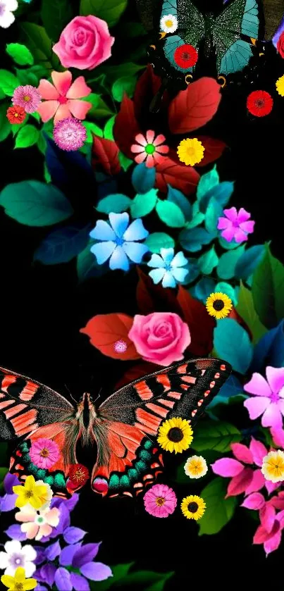 Vibrant floral wallpaper with butterflies and leaves on a dark background.