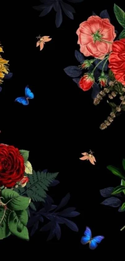 Vibrant floral and butterfly wallpaper on black background.