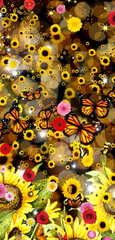 Vibrant mobile wallpaper with butterflies and sunflowers.