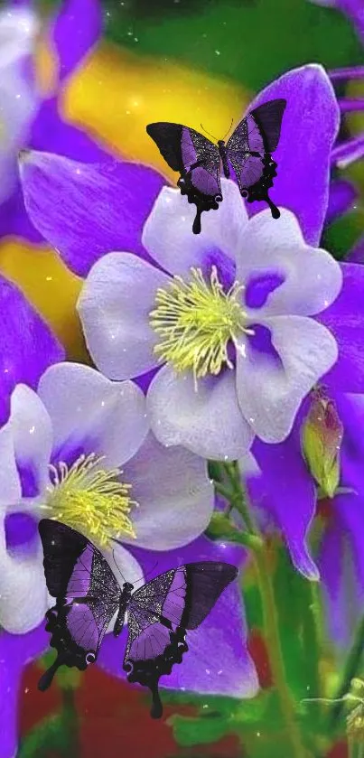 Purple flowers with black butterflies on a colorful background.