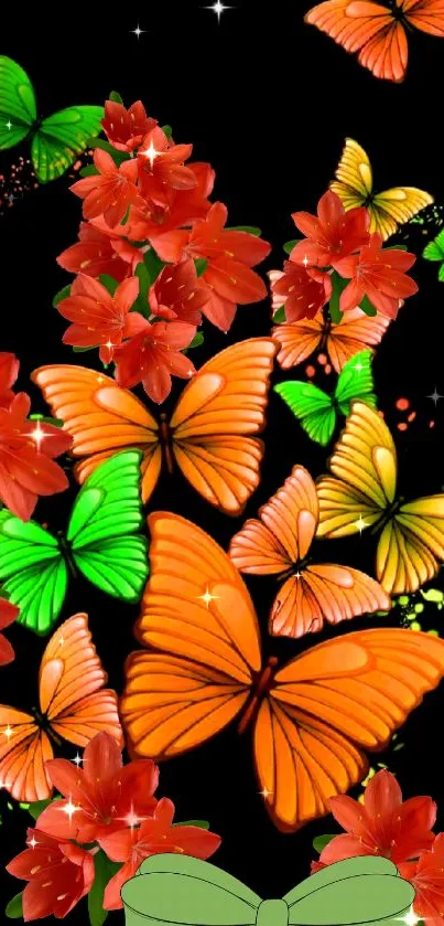 Vibrant orange butterflies with red flowers on a black background.