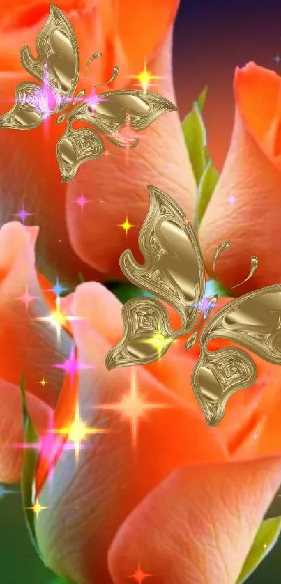 Golden butterflies on orange flowers with sparkles.