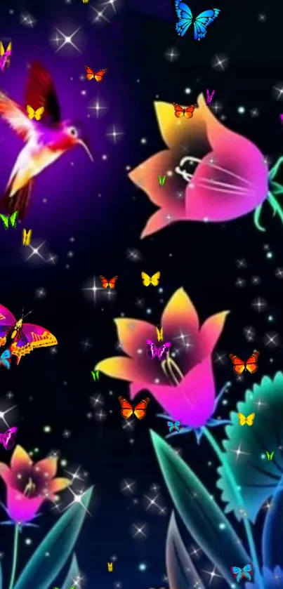 Vibrant wallpaper with flowers, butterflies, and a hummingbird in a dark, starry backdrop.