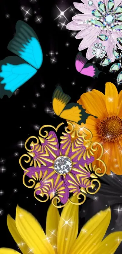 Vibrant wallpaper with butterflies and flowers on a sparkling black background.