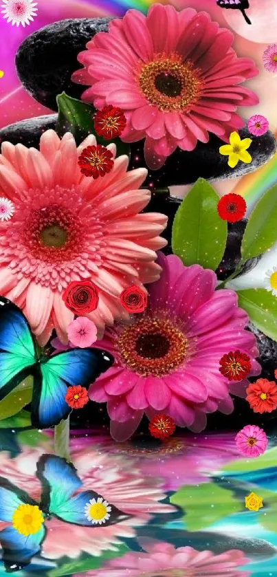 Vibrant mobile wallpaper with flowers, butterflies, and rainbow reflection.