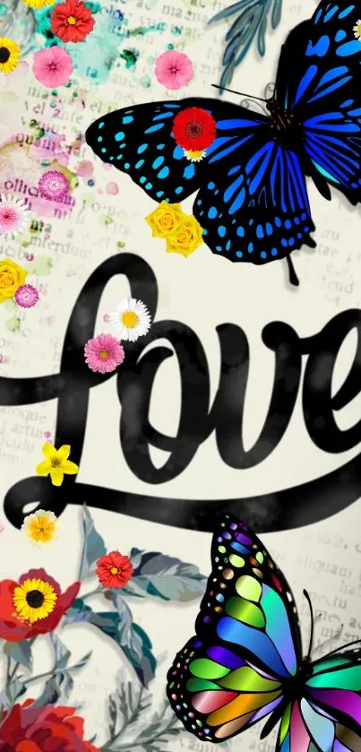 Vibrant wallpaper with butterflies, flowers, and 'Love' text in bold black script.