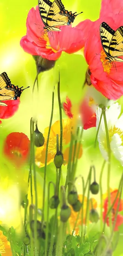 Vibrant wallpaper with butterflies and flowers.