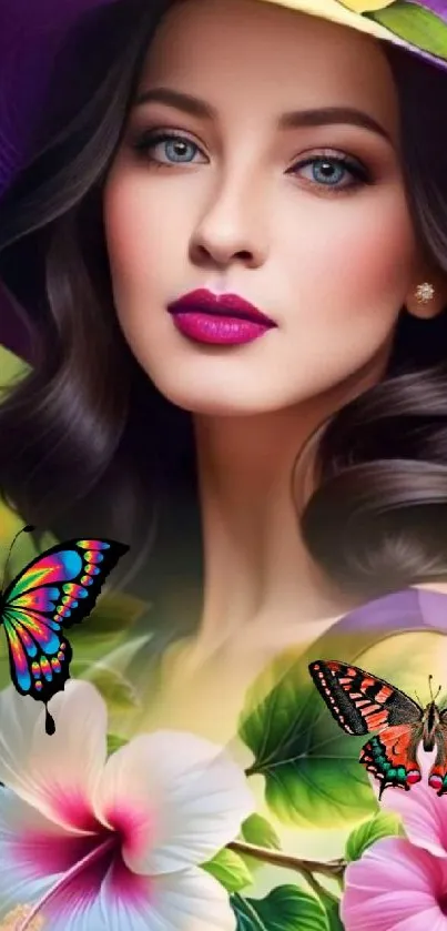 A vibrant floral portrait with colorful butterflies and flowers.